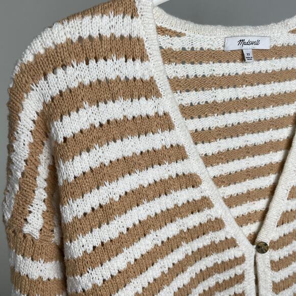 Madewell Open Knit Striped Cardigan Sweater White Tan Button Front Cotton XS - Picture 4 of 15